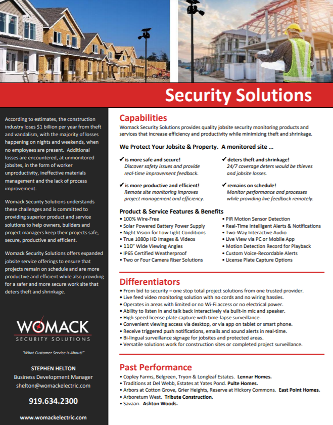 WomackElectric's tweet photo. Womack Security Solutions provides quality jobsite security monitoring products and services that increase efficiency and productivity while minimizing theft and shrinkage. https://t.co/tqRWgrneNq