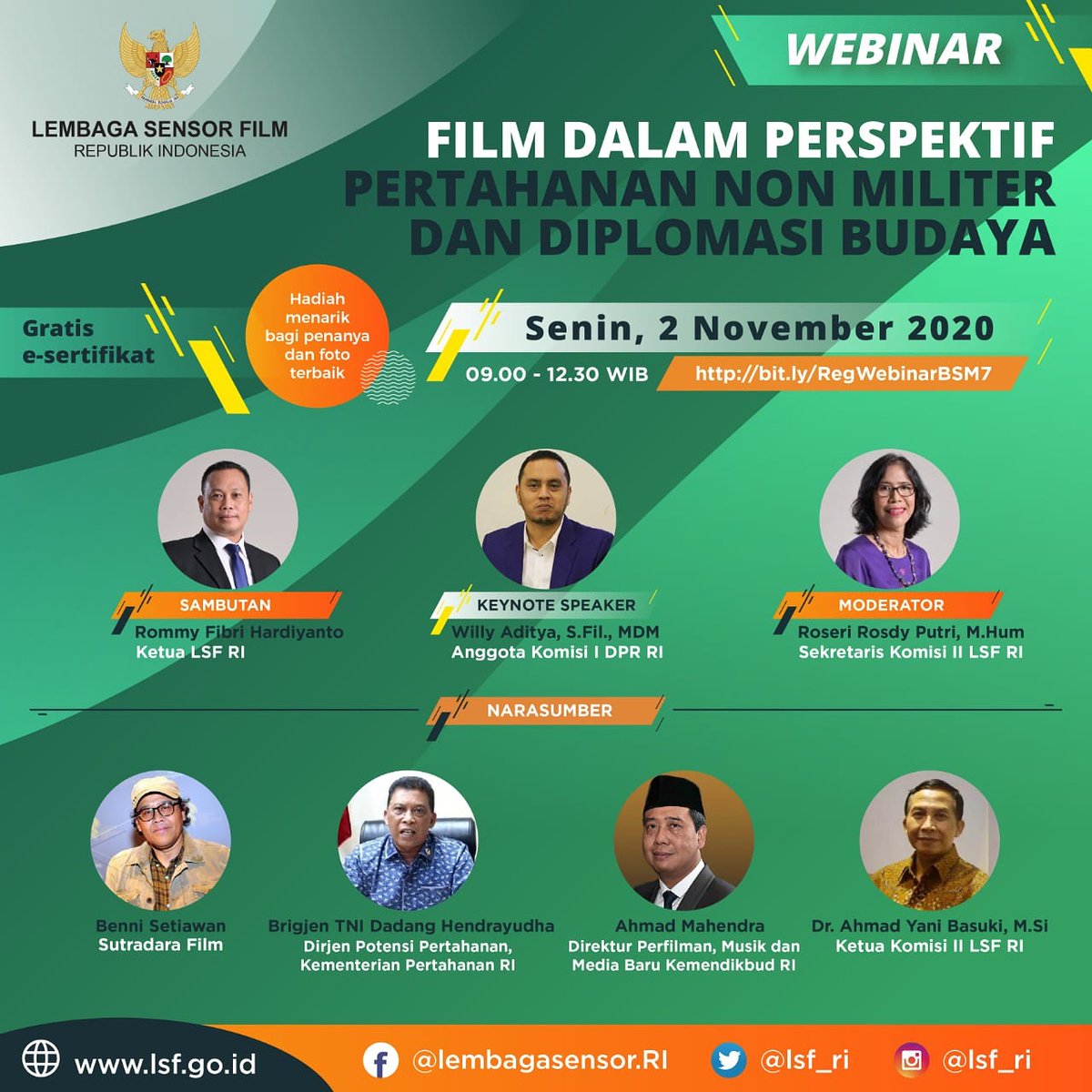 lsf_ri's tweet photo. #SahabatSensor, Lembaga Sensor Film akan menyelenggarakan Webinar Budaya Sensor Mandiri dengan tema "Film dalam Perspektif Pertahanan Non Militer dan Diplomasi Budayaβ yang akan dilaksanakan pada hari Senin, 2 November 2020 pukul 09.00-12.30 WIB. https://t.co/cq4Zh8KFzl