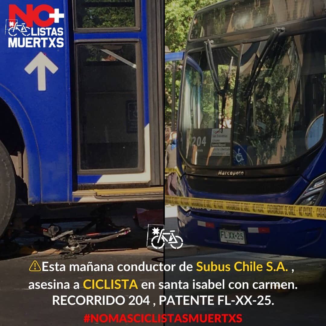 El_Ciudadano's tweet photo. Noticia en desarrollo:
Subus Chile S.A. asesina A CICLISTA
EN santa isabel con carmen. Recorrido 204 , patente FL-XX-25.
Vía @revolucionciclista
#nomasciclistasmuertxs #subus https://t.co/eQnnq84rLw