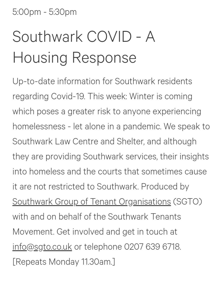 SGTOonline's tweet photo. Listen in at 5pm today @ResonanceFM - 104.4fm (radio) / https://t.co/LQ0JRX9q7d (online) 
for a #housing legal support perspective on Covid-19 🎧📣

Update from Angus @SouthwarkLawCen &amp; Nic @ShelterLDN 

Resonance FM broadcasting 24/7 🙌👂✊ https://t.co/99L3tNzAqd