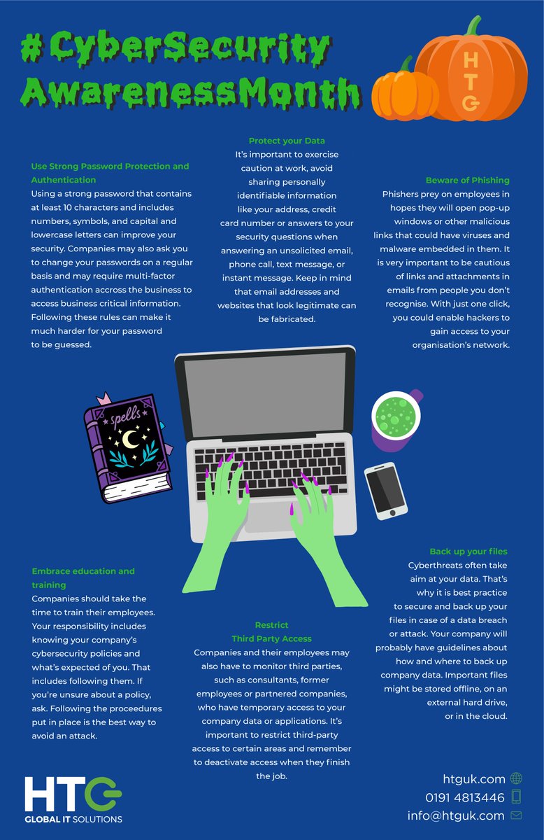 HTGUK's tweet photo. As part of #CyberSecurityAwarenessMonth HTG has put together some Cyber Security tips. Having the right knowledge can strengthen your company’s breach vulnerabilities and could prevent you from being an easy target for hackers. Read how HTG can help here: https://t.co/AacXCLG25u https://t.co/KCTxofBD0Y