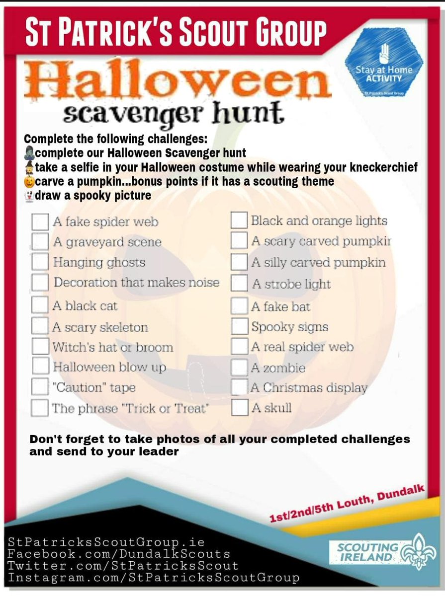 StPatricksScout's tweet image. 👻Are you daring enough to complete our Stay at Home Halloween Spooktacular Scout Challenge🎃
@ScoutingIreland #scouts #virtualscouting #Halloween #HalloweenAtHome