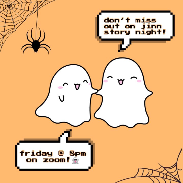 sign up for our remind @scafoure to get our zoom link for today’s jinn story night! remember that anyone is invited, member or not. show up &amp; have fun!! 👻