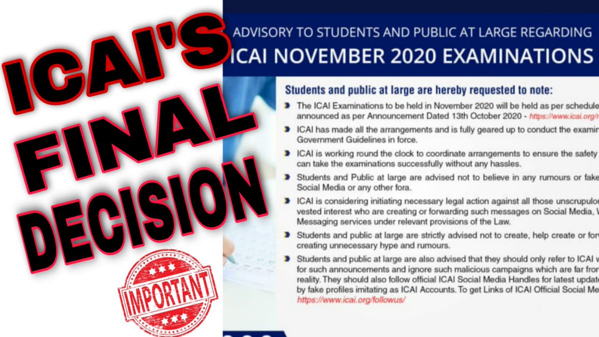 Parth95258742's tweet photo. || ICAI's FINAL DECISION || FINAL ADVISORY ISSUED BY THE ICAI || -- https://t.co/izUpYtqJYK

#ICAI #ICAI_DENIES_EQUALITY #ICAI_DENIES_JUSTICE #icai_issue_admit_card #ICAI_Ensure_Our_Fundamental_Right #ICAI_BE_TRANSPARENT #examination #notifcation #update #caexam #advisory #CA https://t.co/cNkKnz7fV0