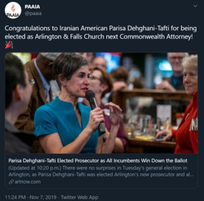 25)Parisa Dehghani-Tafti is praised by Iran lobby groups by PAAIA & NIAC.Notice her joint effort with NIAC to influence Sen. Mark Warner of Virginia on September 30, 2020