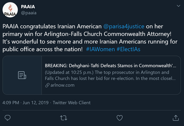 25)Parisa Dehghani-Tafti is praised by Iran lobby groups by PAAIA & NIAC.Notice her joint effort with NIAC to influence Sen. Mark Warner of Virginia on September 30, 2020