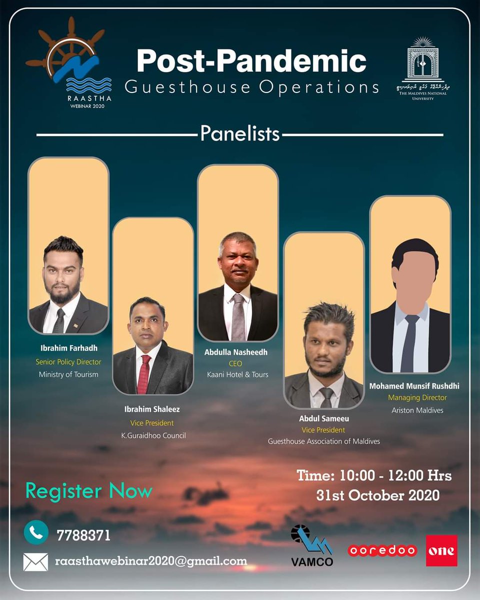 thayyib's tweet photo. Join us as we explore the market opportunities and challenges with our very distinguished penalists as an attempt to rejuvenate the travel agency business in the country.
@IbrahimFarherd @mkhussan @kaaniablo
#raastha2020 #aarasthukurama #LetsRebuild #sunwillshineagain https://t.co/cDY8M5OHc8