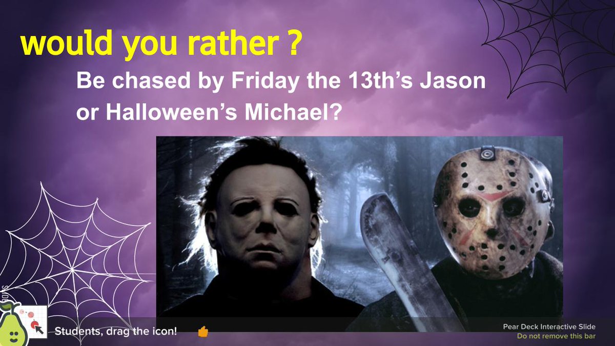 When students are engaged, magic happens! Check out my <a href="/PearDeck/">Pear Deck Learning</a> lesson for Halloween Would you rather? and make it your own.sharepeardeck.com/u23dpn 
#BPatriotProud   SEL for a Friday before Halloween