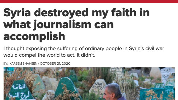 "Journalism in the face of Power" / A Thread. Last week, one of  @newlinesmag most talented editors  @kshaheen wrote an article for  @OpenCanada about how he was affected by his reporting from  #Syria and the Middle East.  https://opencanada.org/syria-destroyed-my-faith-in-what-journalism-can-accomplish/