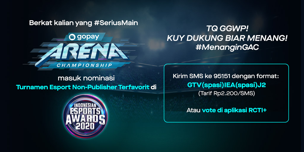 gopayindonesia's tweet photo. MAKASI BANYAK, GAES! 🔥
Buat yang udah #SeriusMain dan bikin #GoPayArenaChampionship masuk nominasi Turnamen Esports Non-Publisher Terfavorit di Indonesian Esports Awards 2020. 😎
GGWP~ Kuy, ikutan dukung buat #MenanginGAC! Liat foto di bawah buat tau gimana cara dukungnya. 👇 https://t.co/Gw0uiFMYcf