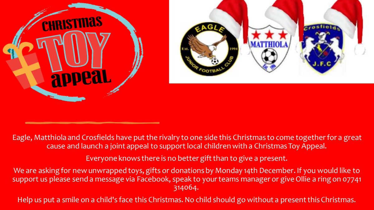 Eagle, Matthiola and Crosfields have put the rivalry to one side this Christmas to come together for a great cause and launch a joint appeal to support local children with a Christmas Toy Appeal. No child should go without a present this Christmas.