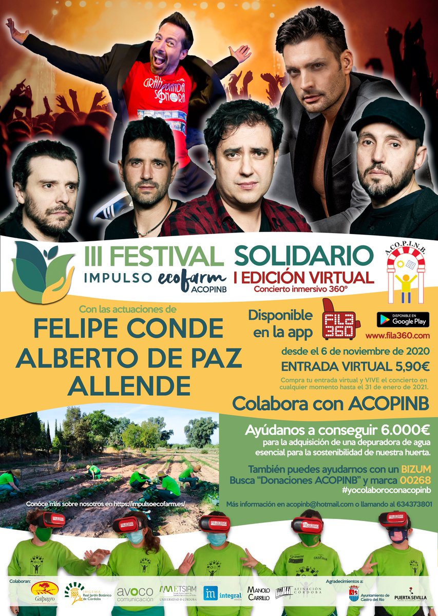 🎤 Organizamos el III Festival Solidario 'Impulso EcoFarm', disponible a través de la App Fila360, y será un #concierto virtual inmersivo en 360º.
El festival contará con las actuaciones musicales de @felipecondeofi, <a href="/albertodepazmo/">Alberto de Paz Piano</a> y <a href="/allendespain/">ALLENDE</a> 

💚 ¡Te esperamos! 🎙️