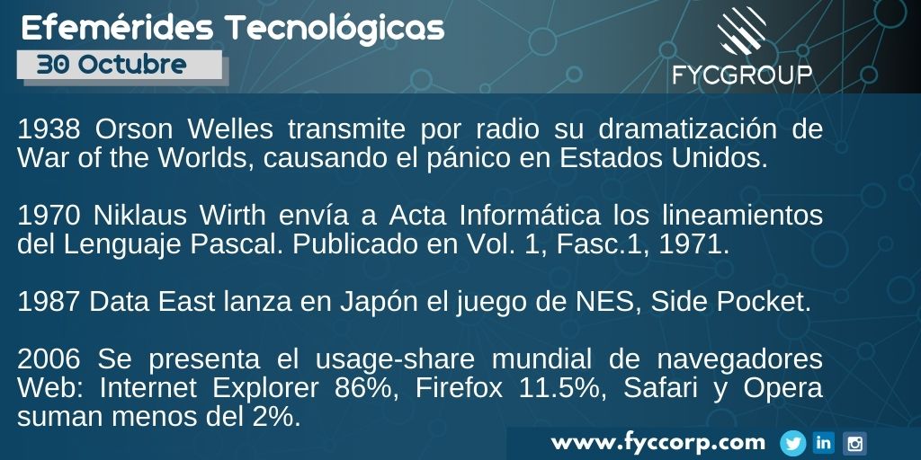 fycgroup's tweet photo. Tal día como hoy
#QuedateenCasa #EfemeridesTecnologicas #EfemeridesOctubre #Telecomunicaciones
#WarOfTheWorlds #NiklausWirth #LenguajePascal #DataEast #SidePocket
#Internetexplorer #Firefox #Safari #SoftwareTesting #TeleTrabajo #AtencionRemota
#FycGroup #Fyccorp #FYC https://t.co/UzRyxMfHwQ
