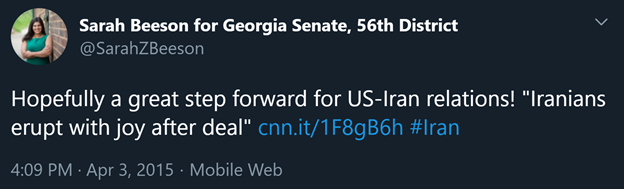 27) @SarahZBeeson for Georgia State Senate, District 56-endorsed by PAAIA-moderated a PAAIA panel-supports the Obama/Biden nuclear deal that gave Iran access to $150 billion in credit & $1.8 billion in unmarked cash