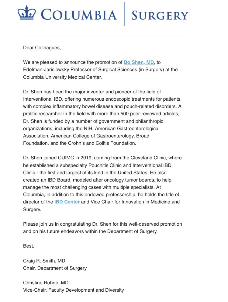 ColumbiaCRS's tweet photo. 👏Congratulations to Dr. Shen on the honor of Edelman-Jarislowsky Prof of Surgical Sciences @nyphospital @ColumbiaSurgery! We are so proud of your innovation & passion for #InterventionalIBD & how your research contributions provide patients non-surgical options @ our #IBDCenter https://t.co/B8bRnPsyxM