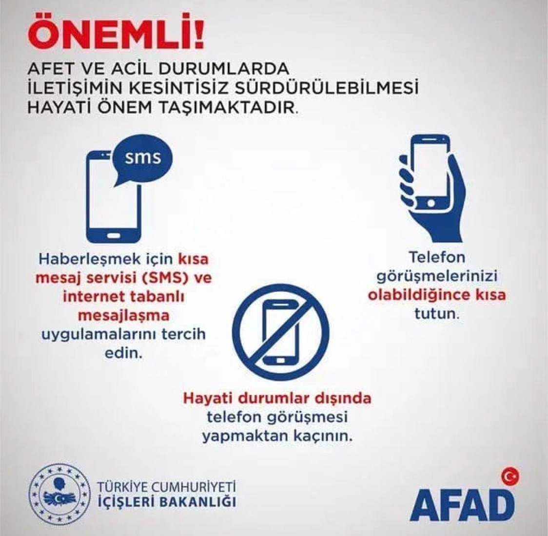zekikayahan's tweet photo. ✔️Haberleşmek için WhatsApp, sms ve benzeri mesajlaşma araçlarını kullanın.
✔️Telefonla görüşmeleri kısa tutun.
✔️Hayati görüşmeler dışında, telefonla görüşmekten kaçının.
✔️Trafik oluşturmamak, kurtarma ekiplerinin hızlı ulaşımı için araçlarınızla yolda olmayın. https://t.co/hum1Bx9gwD