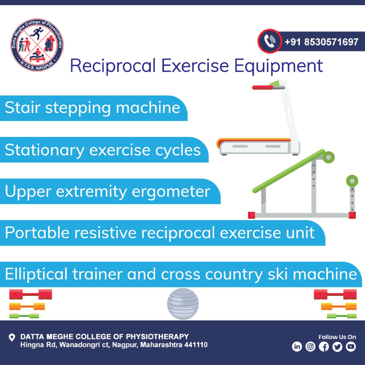 dmcopnagpur's tweet photo. Reciprocal Exercise Equipment
- Stair stepping machine
- Stationary exercise cycles
- Upper extremity ergometer
- Portable resistive reciprocal exercise unit
- Elliptical trainer and cross country ski machine
#DMCOP #physiotherapy #physiotherspist #physiology https://t.co/uayTo3HOHU