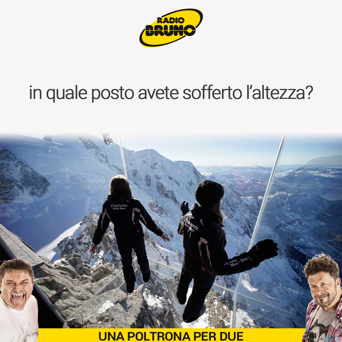 RADIOBRUNO1's tweet photo. Ciao dai Poltroni. Oggi parliamo di quelli che hanno avuto almeno una volta difficoltà con l'altezza. Ponti sospesi e sentieri di fortuna, ma anche terrazze di grattacieli che sfidano il vuoto, in quale posto avete sofferto l'altezza? #dilloaipoltoni https://t.co/4A6CYJgdVN