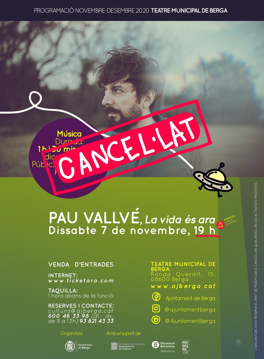 La programació del Teatre Municipal de Berga ha estat afectada per les restriccions que comporten la suspensió de l’activitat cultural i el tancament de teatres. L’espectacle ‘Pep Bou Experiències’ i el concert de Pau Vallvé dels dies 1 i 7 de novembre han estat suspesos!