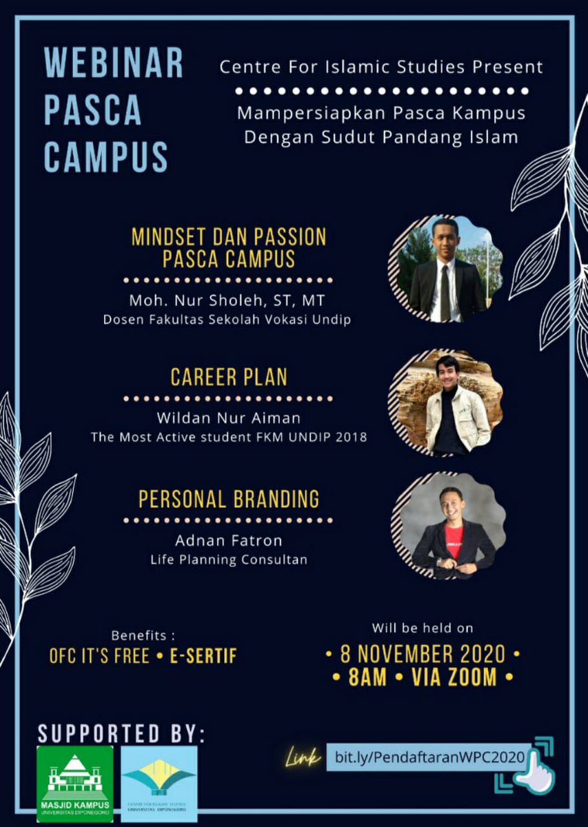 [WPC : Webinar Pasca Campus 2020]

Asalamu’alaikum Cendikiawan Muslim 👋

✨Centre For Islamic Studies Proudly Present : WPC (Webinar Pasca Campus 2020)✨

IG: instagram.com/cfismaskamundi…
__________________

#CfisMaskamUndip
#Mensholehkanyangcerdas
#Mencerdaskanyangsholeh