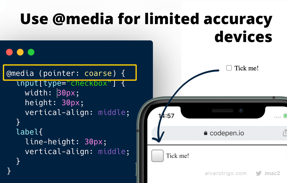 IMAC2's tweet photo. This is nice!! 😍
CSS media queries based on pointer accuracy! 

A big screen doesn't always mean they are not using at touch screen! (low accuracy pointer) https://t.co/VVkX1zdnLv