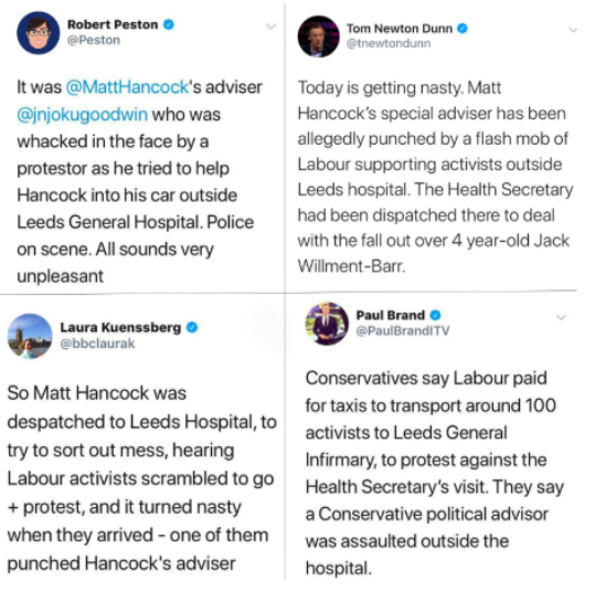 15/ For an example of the sort of sloppy social writing relevant to that guideline, look at tweets during the 2019 election about an "assault" on a political adviser. Many failed to accurately communicate that these were claims and hadn't been confirmed