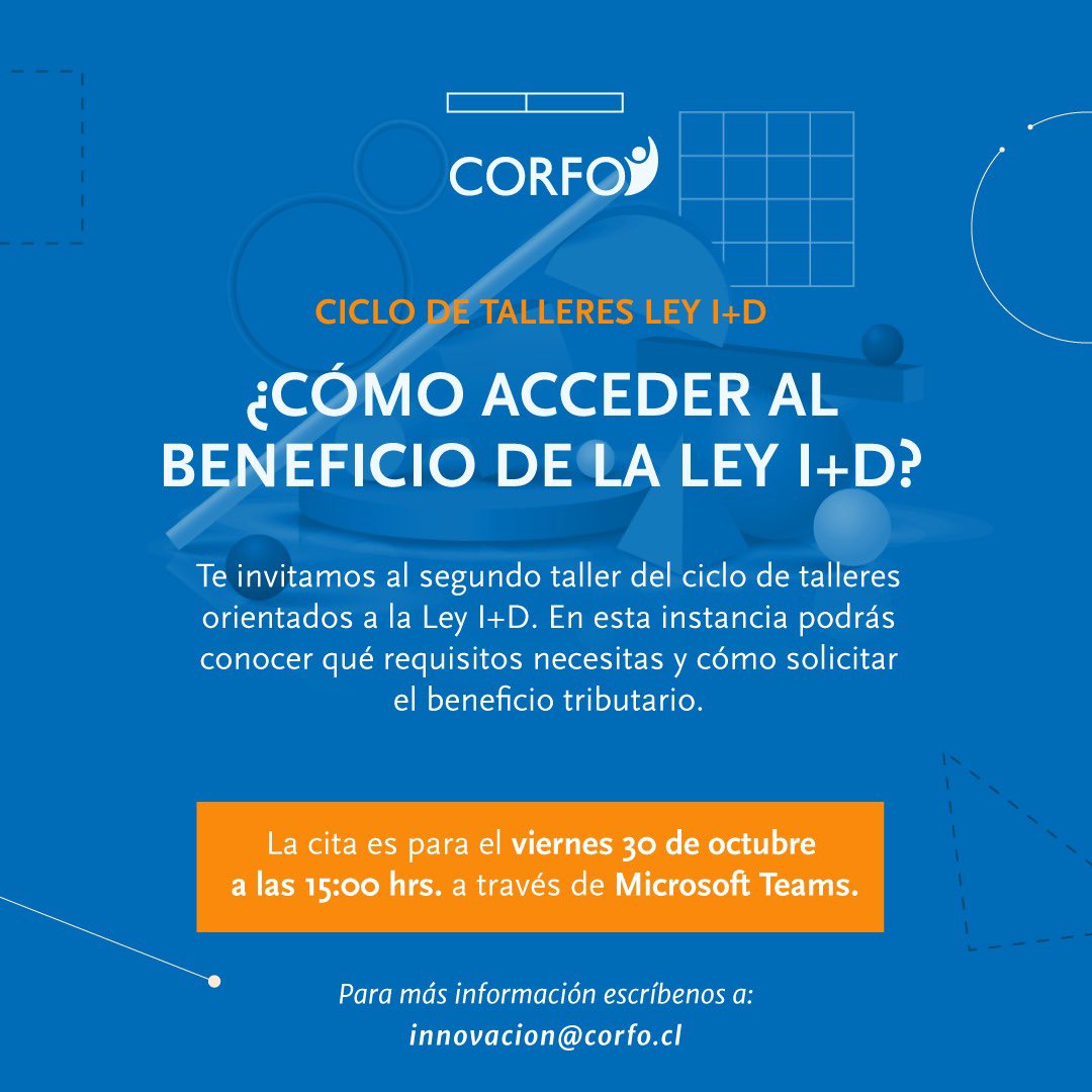 misa_salinas's tweet photo. LEY I+D: Hoy 30/10 a las 15:00 hrs. tenemos el Taller 2 de nuestro ciclo de 4 Talleres formativos en la Ley I+D. Si te perdiste em 1ro. te mandamos la grabación! Sumate! @Corfo @Rfonsecach @saravenap Inscripciones 👉 https://t.co/KZOOADKaXX https://t.co/8NnHyaf4HL