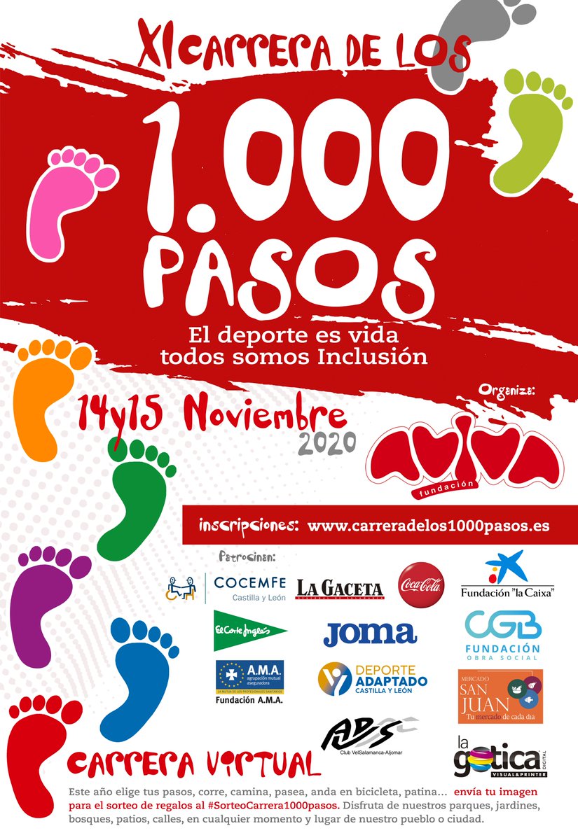 El 14 y 15 de noviembre se celebra la XI Carrera de los 1000 Pasos. Está siendo un año muy particular, pero es importante seguir apoyando a <a href="/avivasalamanca/">FUNDACIÓN AVIVA</a> y fomentando la inclusión de las personas con discapacidad. Inscríbete en carreradelos1000pasos.es #FundacionCGB