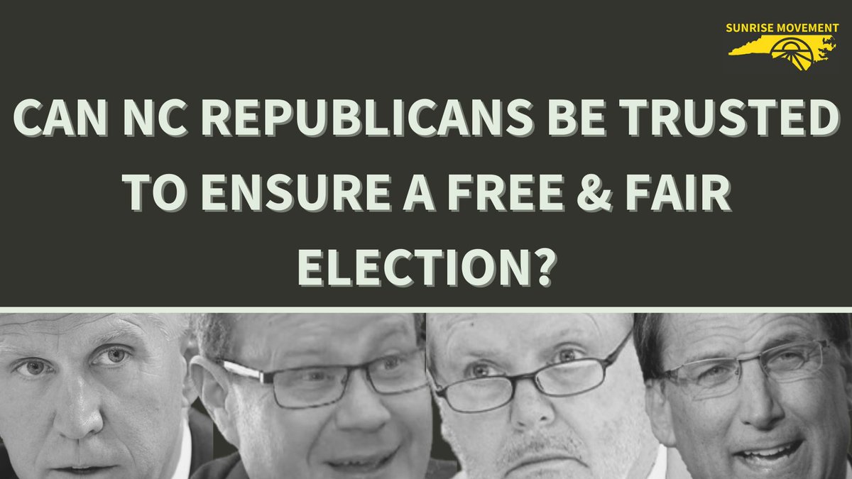 sunrisemvmtnc's tweet photo. Thread: Can we trust NC Republicans to uphold the integrity of our election process? History says no, but we're open to being proven wrong. @sunrisemvmt @NC_PPC @NC_V4E @DownHome_NC @democracync
#CountEveryVote #YouthVote #EveryVoteCounts #OurVotesMatter #PledgeToCount https://t.co/Et71K7EBA4