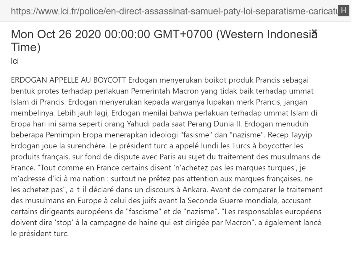 Bahkan Presiden Turki, Erdogan, gak berhenti di situ, stlh menghina  @EmmanuelMacron sbg "sakit jiwa", kurang dari 24 jam, menghina lagi dgn nyebut Presiden Prancis itu terobsesi dgnnya, dan yg paling epic tentu saja saat dia ajak boikot produk Prancis sbg aksi "Bela Islam".