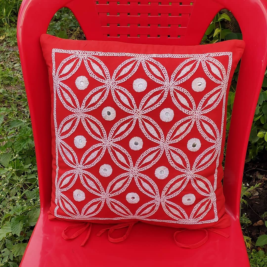 We are clearing some of our colourful stuff of hand embroidered cushion covers priced Rs.350 per piece only. Minimum order quantity 3 pieces. Can choose any or assorted. Size 16 x 16 inches,fabric cotton.Made in a village on outskirts of Bhopal. #SupportSmallBusinesses