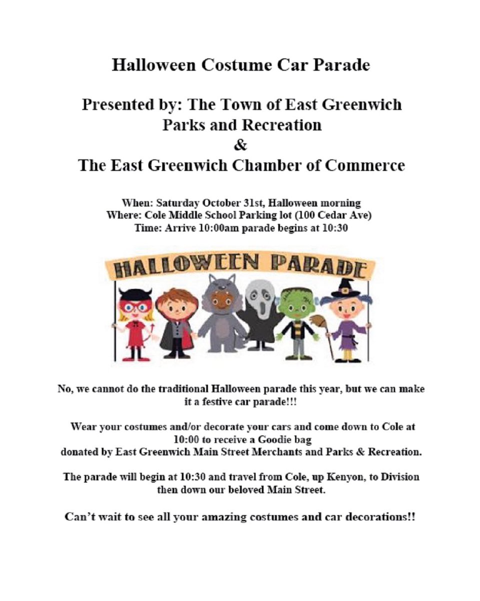 The first annual Halloween car parade is on for tomorrow (Saturday 10/31), Halloween morning. Come on down to Cole Middle School at 10:00 with you costumes on and receive your goodie bag. We will then drive down main street in Halloween style.