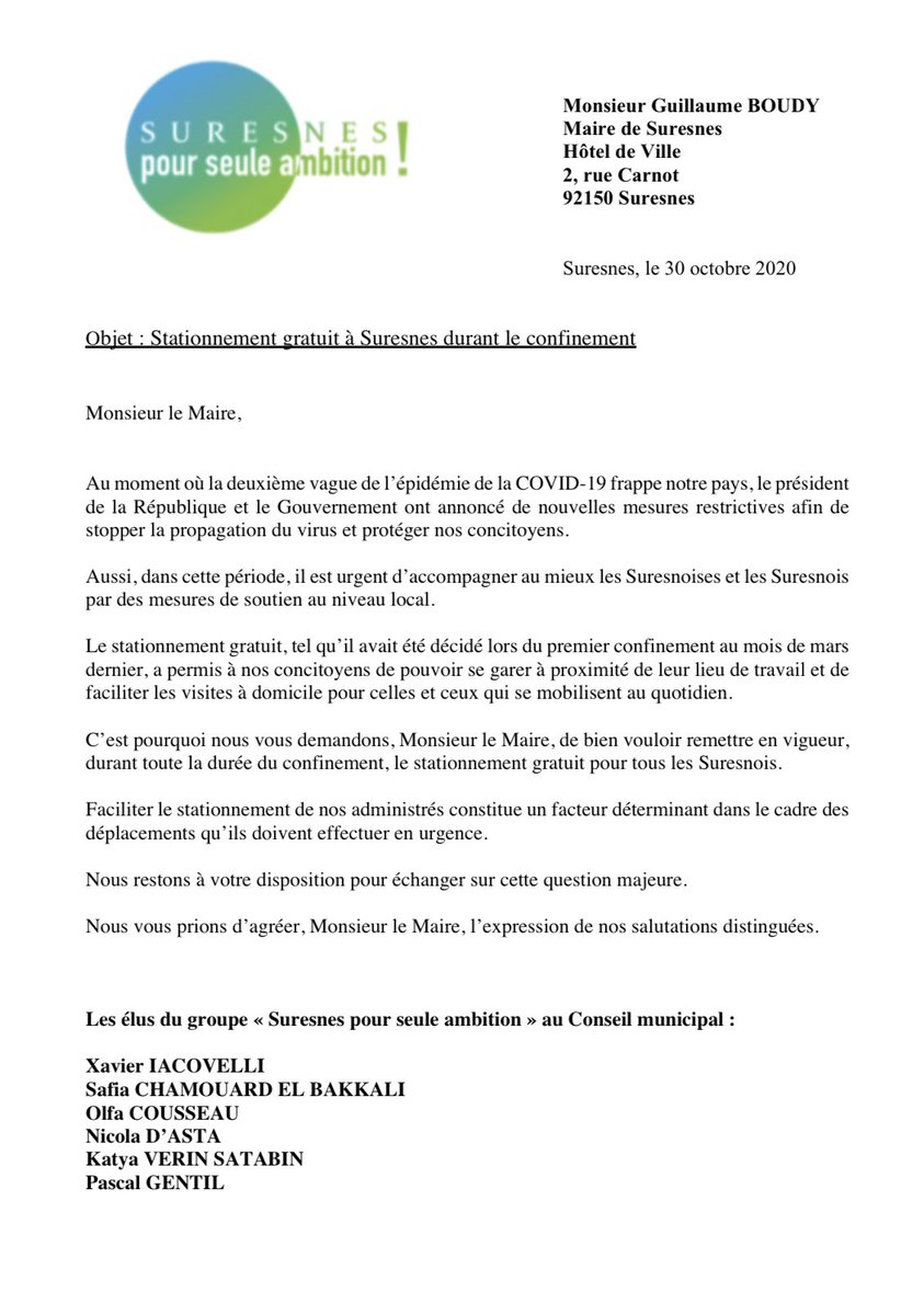 SuresnesAmbitio's tweet photo. Courrier pour le Maire de #Suresnes sur le stationnement gratuit. https://t.co/mQHNOC2NX9