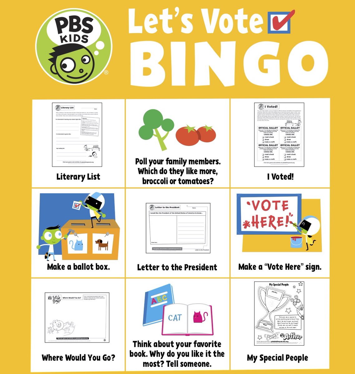 pbsteachers's tweet photo. Have you and your students spent the week exploring voting with @PBSKIDS? If so, how many BINGO squares can your classroom complete?  https://t.co/wwk5GlD6rj https://t.co/Q3boy5neYv