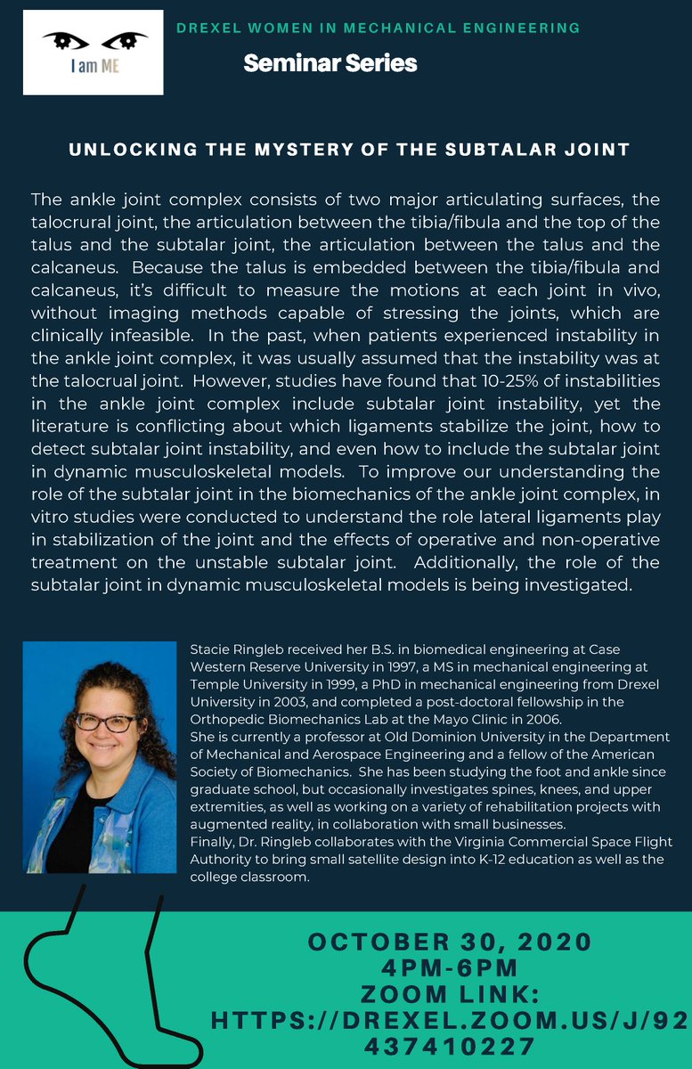 Don't forget to stop by today at 4 PM when Stacie Ringleb, PhD, '03 gives a talk entitled "Unlocking the Mysteries of the Subtalar Joint." Dr Ringleb is a professor at Old Dominion University and received her PhD in under the supervision of MEM's Dr Sorin Siegler