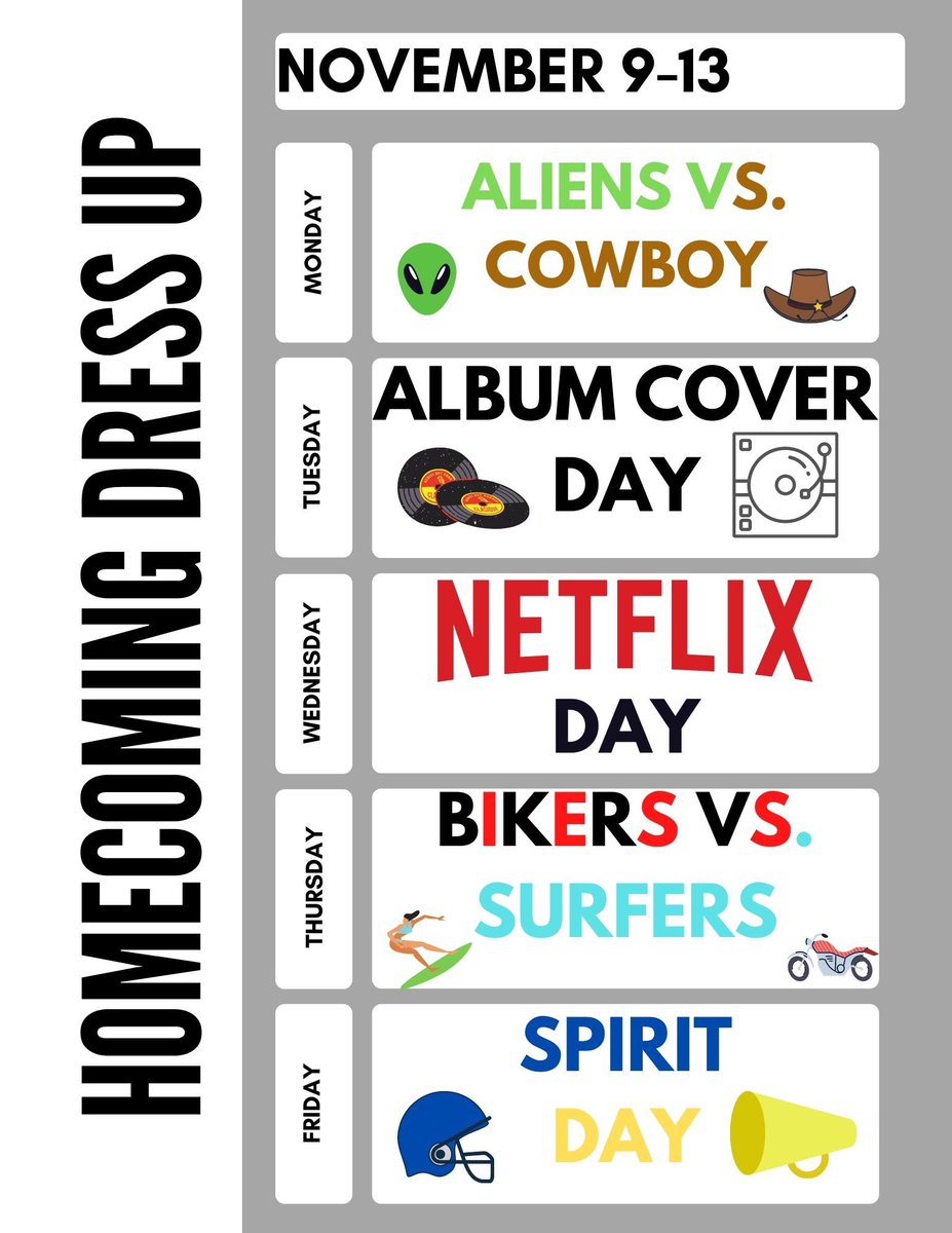Here is this years HoCo dress up days!! More details on each day will be posted next week💙💛