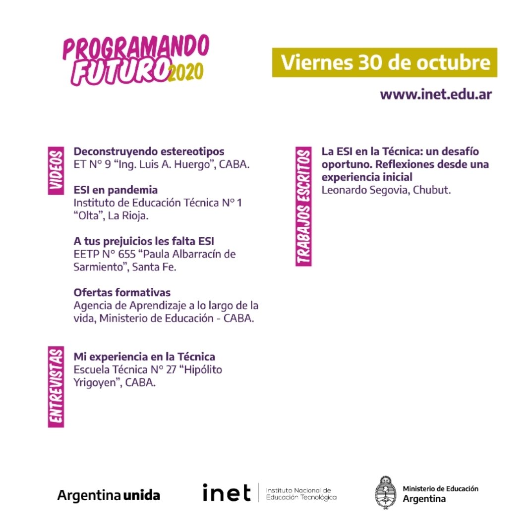 sil_sb's tweet photo. 👩🏽‍🏫👩🏼‍🏭👩🏿‍🔧🔬Último de día de #ProgramandoFuturo 2020💪🏽
 📌15-18 videos y trabajos de las escuelas
📌18-19 entrevista a Fran Bubani con @nschiara y @ValeArvejita 
📌19hs Cierre con @DiegoGolombek por el canal del @INETetp
💻📲https://t.co/x6FJtk4l4X
@PFuturoEtp
Por #MasMujeresenlaETP https://t.co/OIyXThLFZL