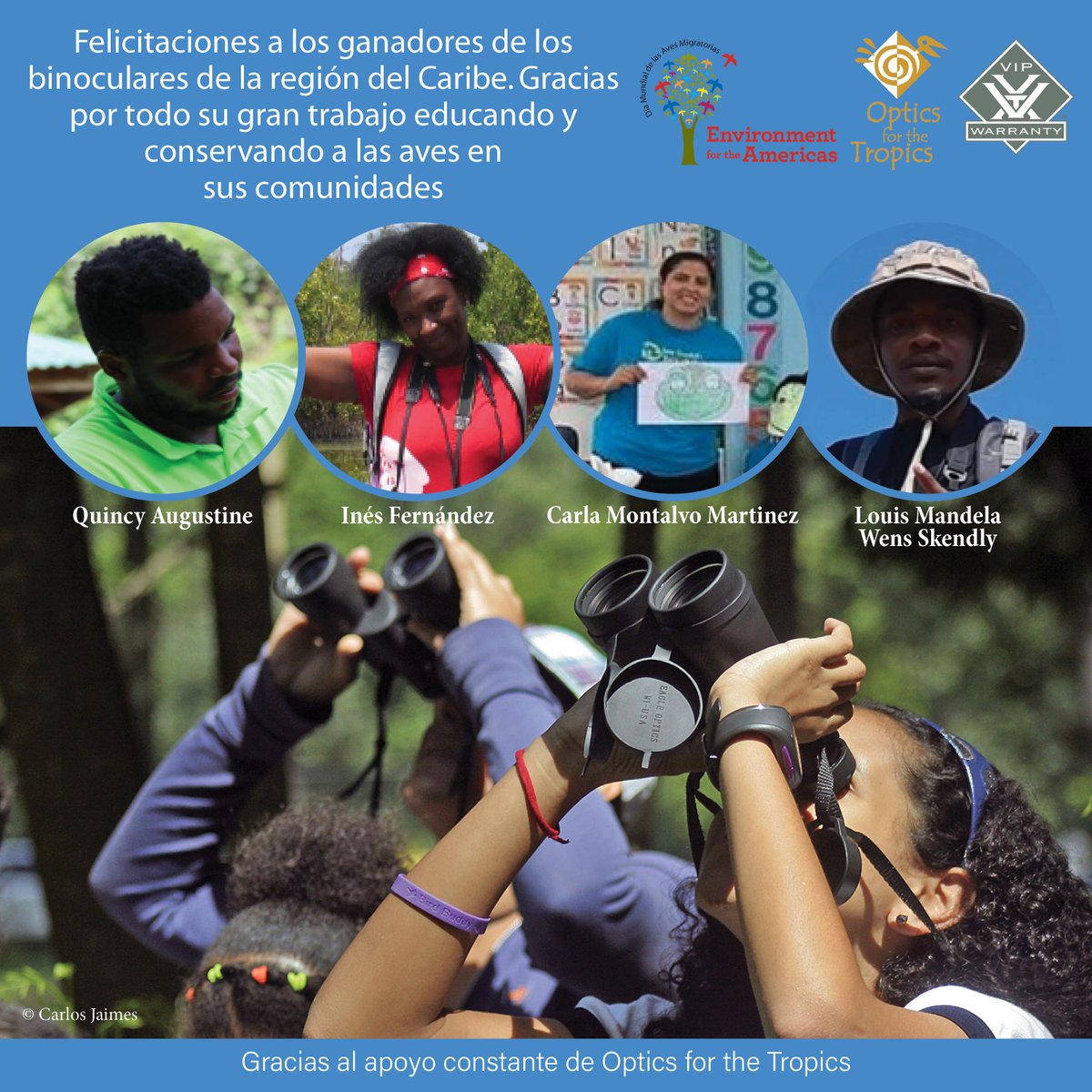 enviroamericas's tweet photo. Environment for the Americas, celebra, agradece y felicita a los ganadores de Binoculares #DMAM2020 en la Región del Caribe.
Inés Fernández (🇨🇺)
Louis Wens(🇭🇹)
Quincy Augustine (🇬🇩)
Carla Montalvo (🇵🇷)
#WorldMigratoryBirdDay #BirdsConnectOurWorld
#OpticsfortheTropics #Vortex https://t.co/IepmvOsFAj