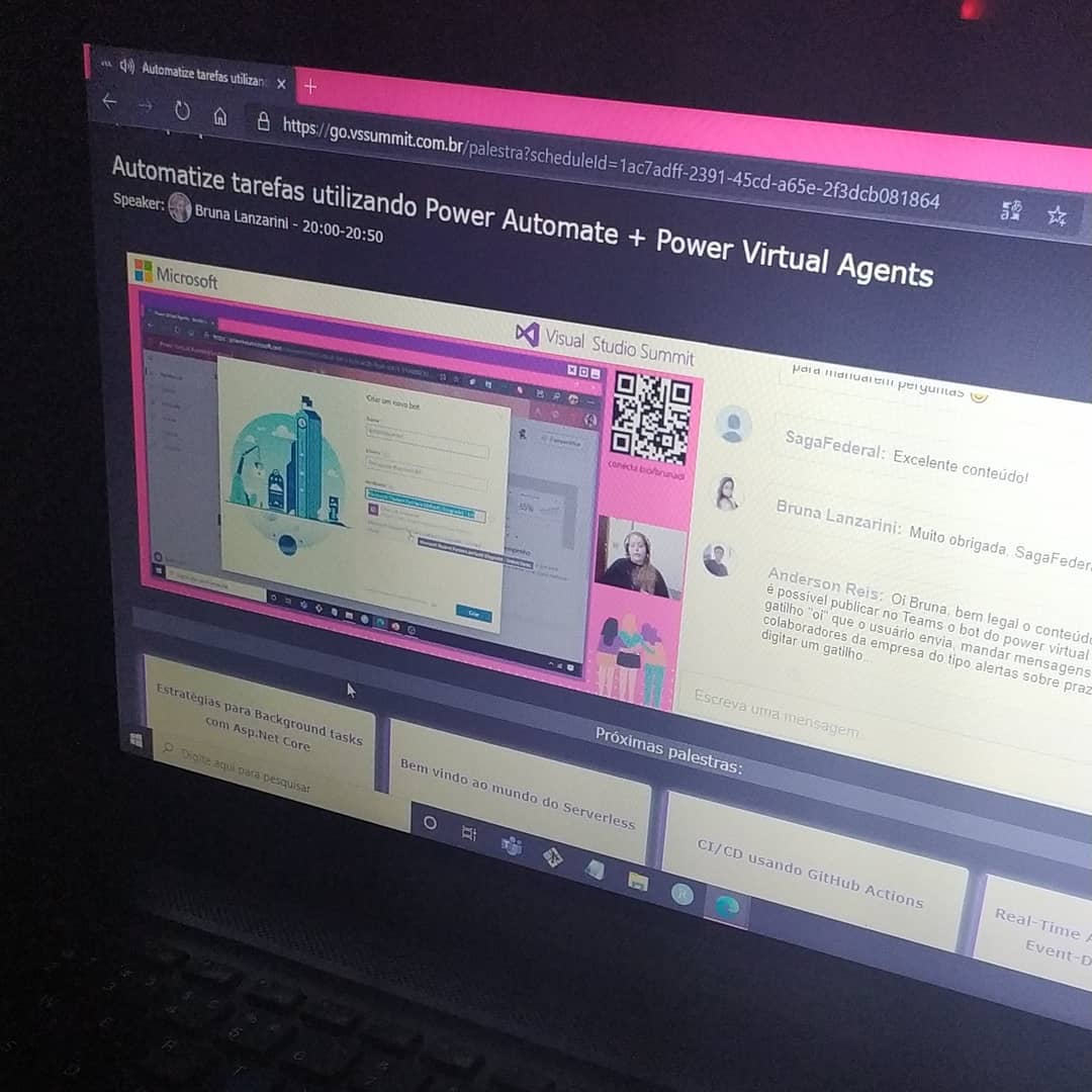 brunadl_'s tweet photo. Noite de VSSummit aqui em casa 💜
Mesmo sem luz, a gente deu um jeito de interagir com os participantes ☺️
#MSFTStudentAmbassadors #vssummit #powerplatform #chatbot #RPA #bots @IamPablo @_orlandomariano @MSFTImagine - @ Peruíbe - São Paulo 🇧🇷 https://t.co/R6OtLDuqeC