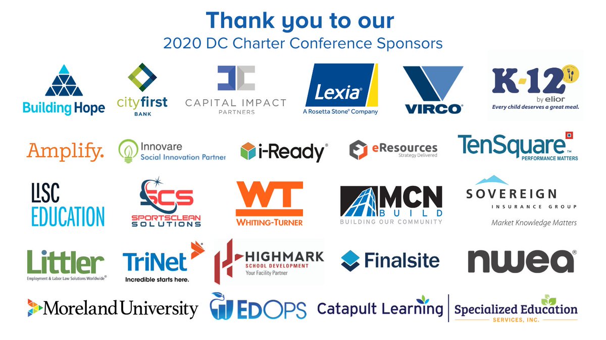 DC_Charters's tweet photo. We have a packed last day at the #DCCharterConference and want to take a moment to thank all of our amazing sponsors for making the whole week possible! @CityFirstDC @BHopeCharters @McnBuildDC
@edopsinc @CatapultLearn @TenSquareGroup @Finalsite @NWEA @Sovereign_Ins @Trinet https://t.co/DGFbZWz3v1