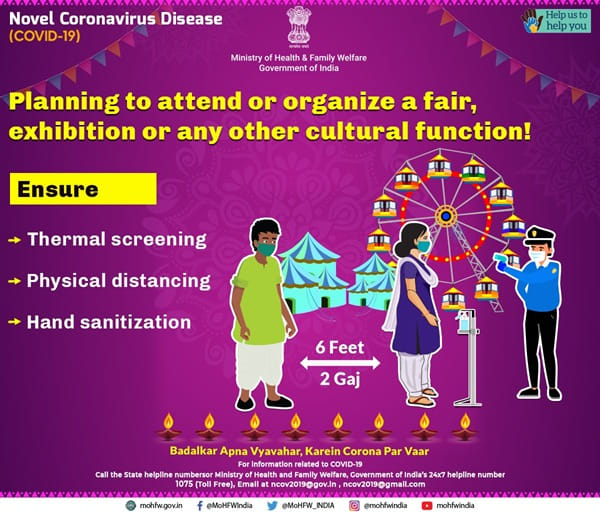 #IndiaFightsCorona:
๐Planning to attend or organize a fair, exhibition or any other cultural function!
๐Ensure to have
โ
Thermal screening
โ
Physical distancing
โ
Hand sanitization
#Unite2FightCorona #StaySafe https://t.co/JQHDJkblwa