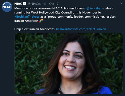 34) @SepiShyne running for West Hollywood City Councilor-endorsed by NIAC-strongly supported by PAAIA-Her tweets indicate that she has strong ties with these two Iran lobby groups.