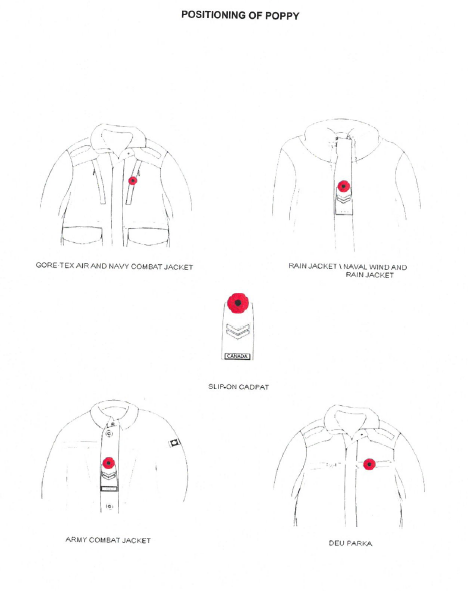 army_SM_armee's tweet photo. The  poppy is an international symbol of remembrance and is worn from the last Friday in October until Remembrance Day. Always worn on the left  breast, they remain close to your heart or on a CAF member’s CADPAT rank. Here are the proper positions for poppies while in uniform. https://t.co/3WWB9QpWt7
