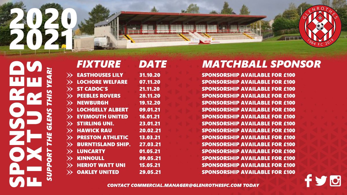 GlenrothesFC's tweet image. Would you like to sponsor our match balls? If you would please get in touch! All the available games are listed in the infographic supplied by the amazing @AetGraphics 

#Matchballs
#SupportTheGlens 🔴⚪️