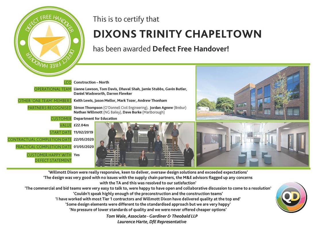 BreburLtd's tweet photo. Well done to all involved on the @WillmottDixon @DixonsTC project. To achieve a Defect Free Handover Certificate completing the project 3 wks early in the most testing times is outstanding! A special Thankyou to Jordan Agnew and the @BreburLtd team, you should all be very proud. https://t.co/9IuNAXm3EM