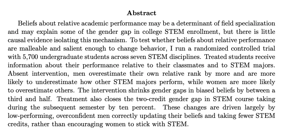 Stephanie OwenJMP: "College Field Specialization and Beliefs about Relative Performance: An Experimental Intervention to Understand Gender Gaps in STEM"Website:  https://sites.google.com/view/stephanieowen