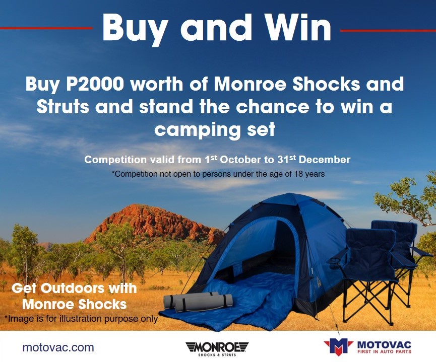 motovac's tweet photo. @BotswanaTourism @Mdojwajunior #Motovac &amp; #Monroe #shocks are all about helping you #getoutdoors. Buy #shockabsorbers worth P2k or more and stand a chance to win a #camping set. Get the shocks for a comfy ride &amp; the camping set to enjoy a night under the stars. https://t.co/meTE1Cc4WU