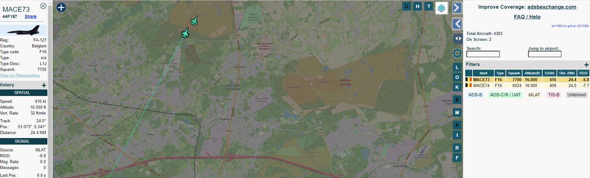 EHEH_Spotter's tweet photo. 🇧🇪BAF F16 FA-95 as flight #MACE74 with EMERGENCY : Overheat Caution Light -> "Land as soon as possible"
(MACE73 FA-127 did the 7700 Squawk and Comms for MACE74)
Safe landing @ Kleine Brogel Air Base, Belgium
Comms : https://t.co/E8AcwAigA9 https://t.co/9ATCw6HZkE