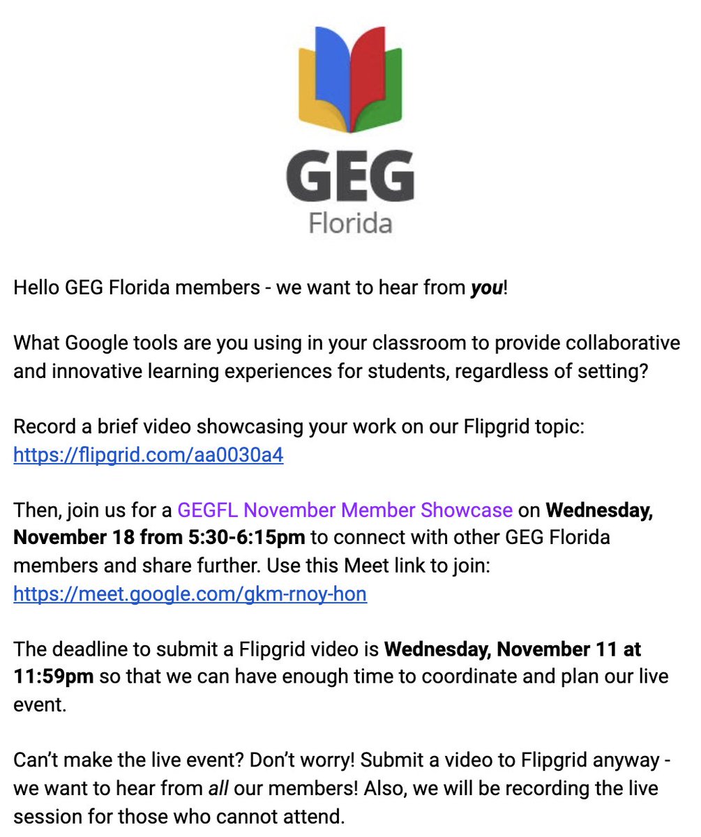 GEG_FL's tweet photo. Join #GEGFL for our November Member Happy Hour &amp; Showcase on Wednesday, November 18 from 5:30-6:15pm EST. Details in the image below, or check out our Google Group for more information: https://t.co/PmnPL6Pppa

#edtech #GoogleEDU #GlobalGEG https://t.co/ignSaugKmo
