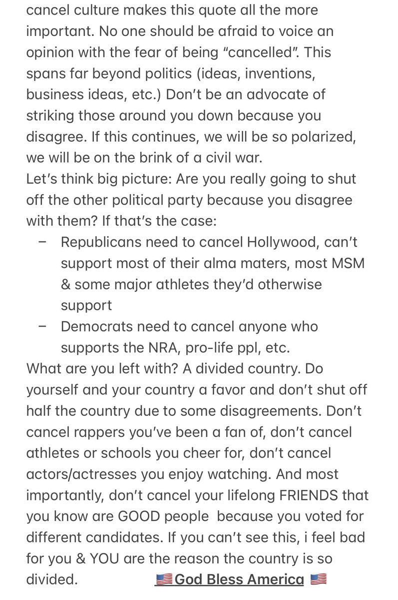 I hope this reaches as many people as possible. 

This mindset of “cancel culture” has got to end. The idea that having a differing opinion is all of the sudden not allowed. It has become, “not only do I disagree, but I can no longer support you as a person.”It’s sad.Please read:
